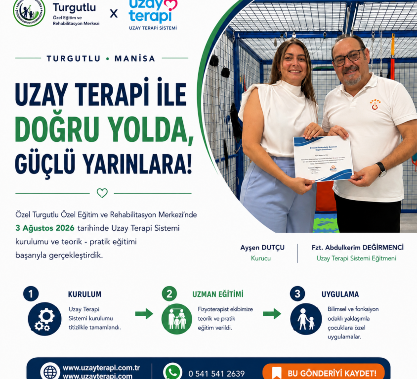 Özel Turgutlu Özel Eğitim ve Rehabilitasyon Merkezi'nde Uzay Terapi Sistemi kurulumu ve fizyoterapist eğitimi tamamlama sertifikası töreni. Kurucu Ayşen Dutçu ve Eğitmen Fzt. Abdulkirim Değirmenci birlikte belge tutuyor.